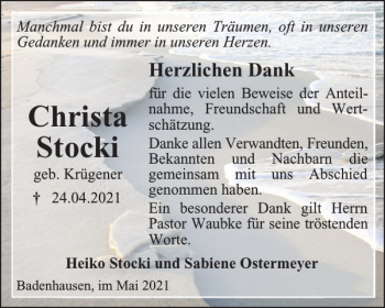Traueranzeige von Christa Stocki von Harz Kurier