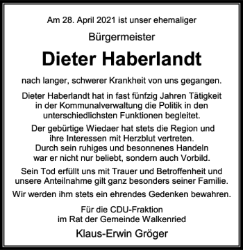 Traueranzeige von Dieter Haberlandt von Harz Kurier