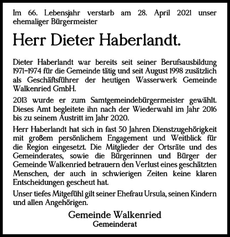  Traueranzeige für Dieter Haberlandt vom 08.05.2021 aus Harz Kurier