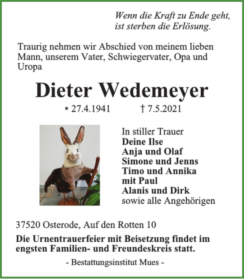  Traueranzeige für Dieter Wedemeyer vom 15.05.2021 aus Harz Kurier