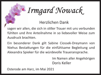 Traueranzeige von Doris Keller von Harz Kurier