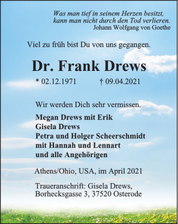 Traueranzeige von Dr. Frank Drews von Harz Kurier