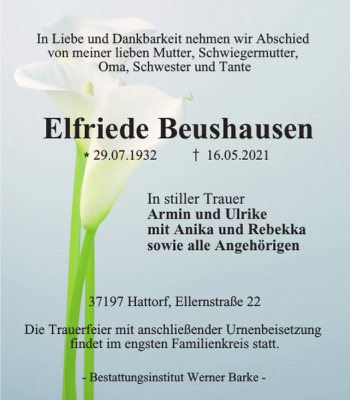 Traueranzeige von Elfriede Beushausen von Harz Kurier