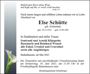 Traueranzeige von Else Schütte von Harz Kurier