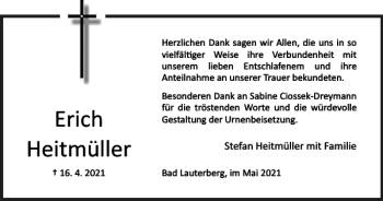 Traueranzeige von Erich Heitmüller von Harz Kurier
