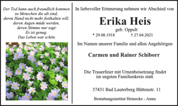 Traueranzeige von Erika Heis von Harz Kurier