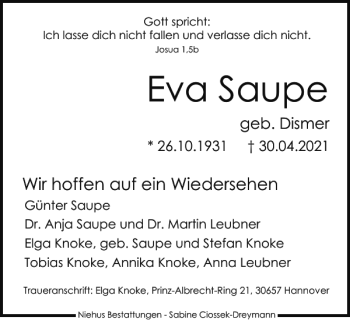 Traueranzeige von Eva Saupe von Harz Kurier