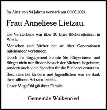 Traueranzeige von Frau Anneliese Lietzau von Harz Kurier