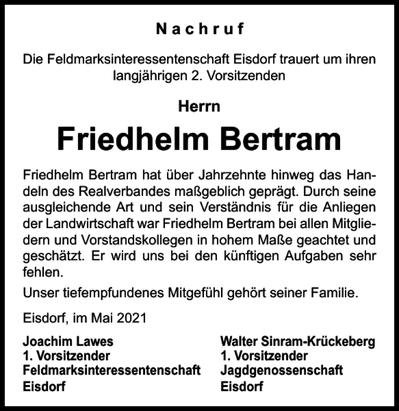  Traueranzeige für Friedhelm Bertram vom 20.05.2021 aus Harz Kurier