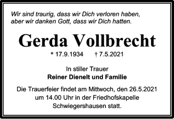 Traueranzeige von Gerda Vollbrecht von Harz Kurier