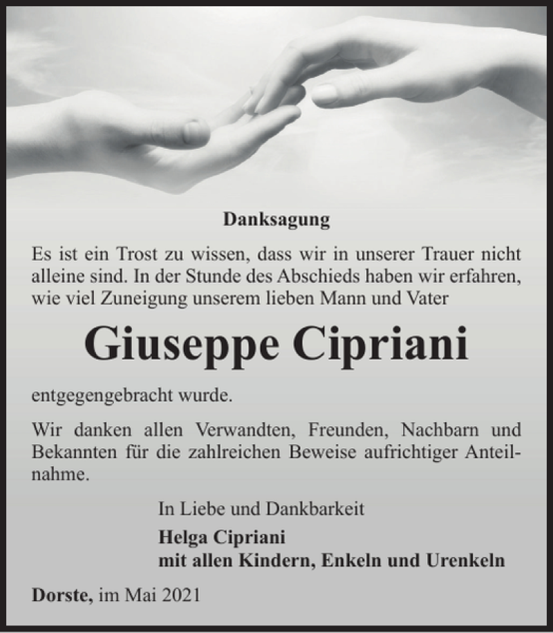  Traueranzeige für Giuseppe Cipriani vom 08.05.2021 aus Harz Kurier