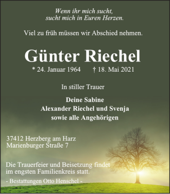 Traueranzeige von Günter Riechel von Harz Kurier