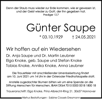 Traueranzeige von Günter Saupe von Harz Kurier