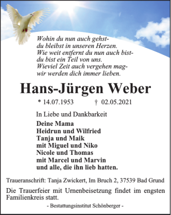 Traueranzeige von Hans-Jürgen Weber von Harz Kurier
