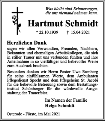 Traueranzeige von Hartmut Schmidt von Harz Kurier