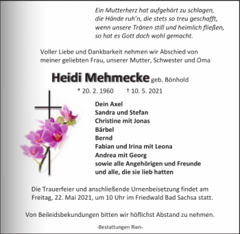 Traueranzeige von Heidi Mehmecke von Harz Kurier