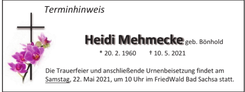  Traueranzeige für Heidi Mehmecke vom 19.05.2021 aus Harz Kurier