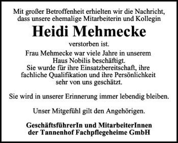Traueranzeige von Heidi Mehmecke von Harz Kurier