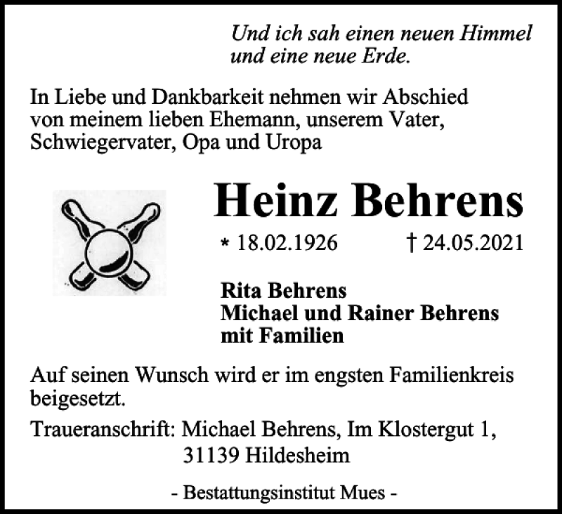  Traueranzeige für Heinz Behrens vom 29.05.2021 aus Harz Kurier