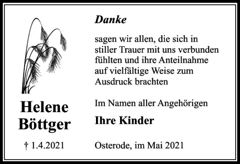  Traueranzeige für Helene Böttger vom 04.05.2021 aus Harz Kurier