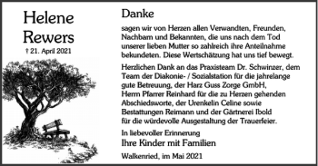 Traueranzeige von Helene Rewers von Harz Kurier