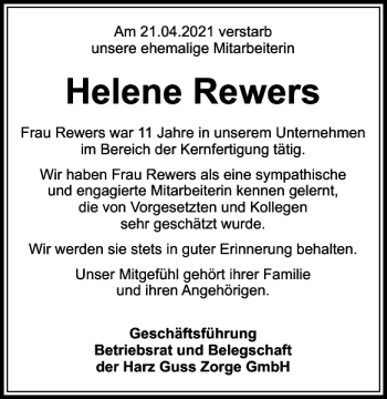 Traueranzeige von Helene Rewers von Harz Kurier