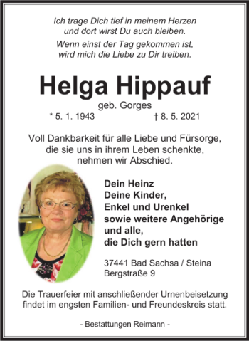 Traueranzeige von Helga Hippauf von Harz Kurier