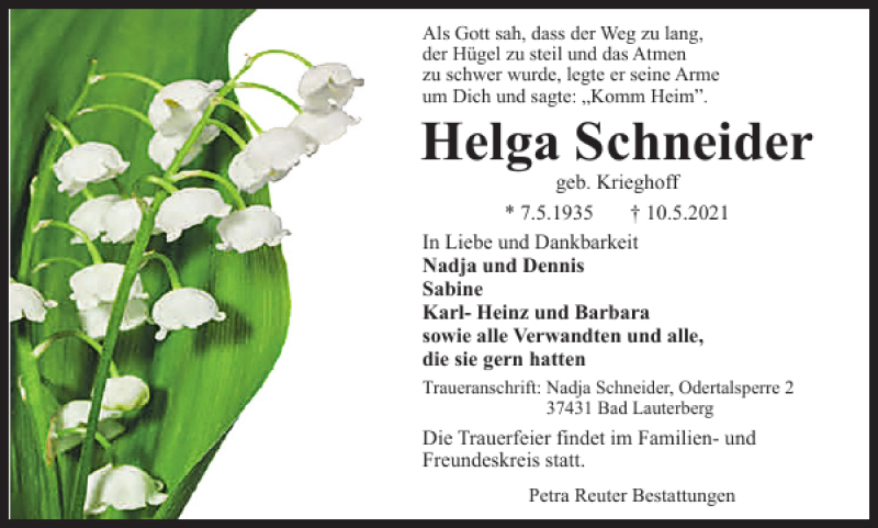  Traueranzeige für Helga Schneider vom 15.05.2021 aus Harz Kurier