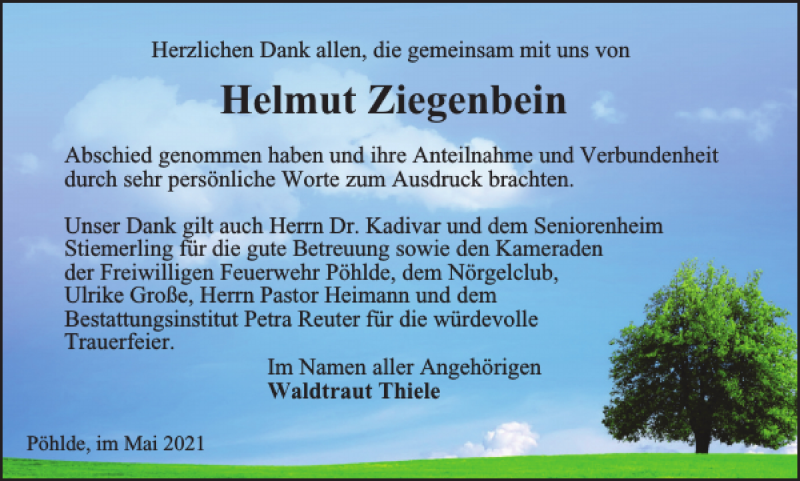  Traueranzeige für Helmut Ziegenbein vom 15.05.2021 aus Harz Kurier