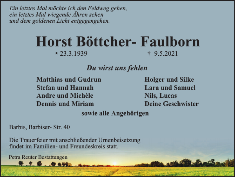 Traueranzeige für Horst Böttcher-Faulborn vom 15.05.2021 aus Harz Kurier