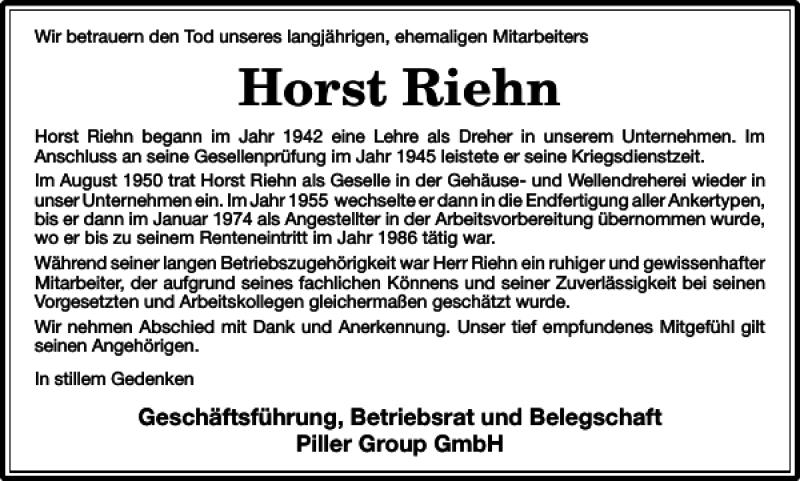  Traueranzeige für Horst Riehn vom 04.05.2021 aus Harz Kurier