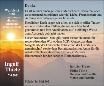 Traueranzeige von Ingolf Thiele von Harz Kurier