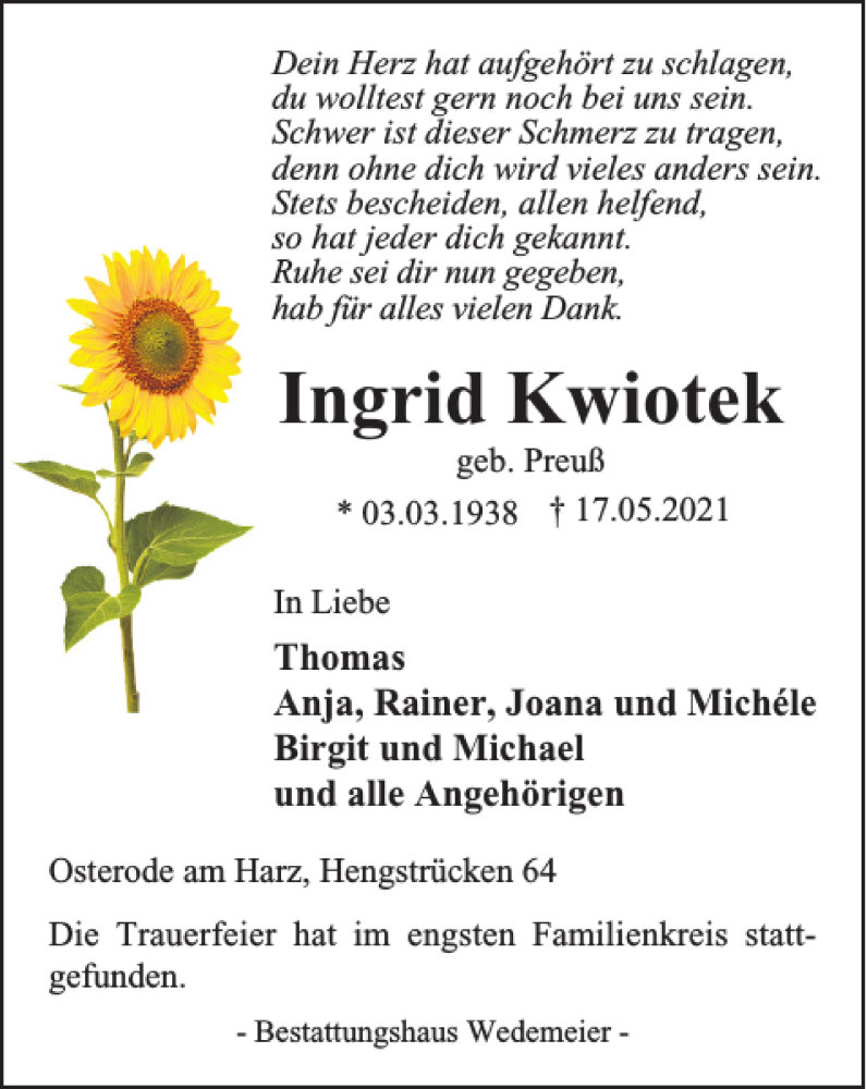  Traueranzeige für Ingrid Kwiotek vom 22.05.2021 aus Harz Kurier