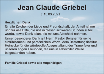 Traueranzeige von Jean Claude Griebel von Harz Kurier