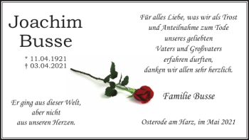 Traueranzeige von Joachim Busse von Harz Kurier