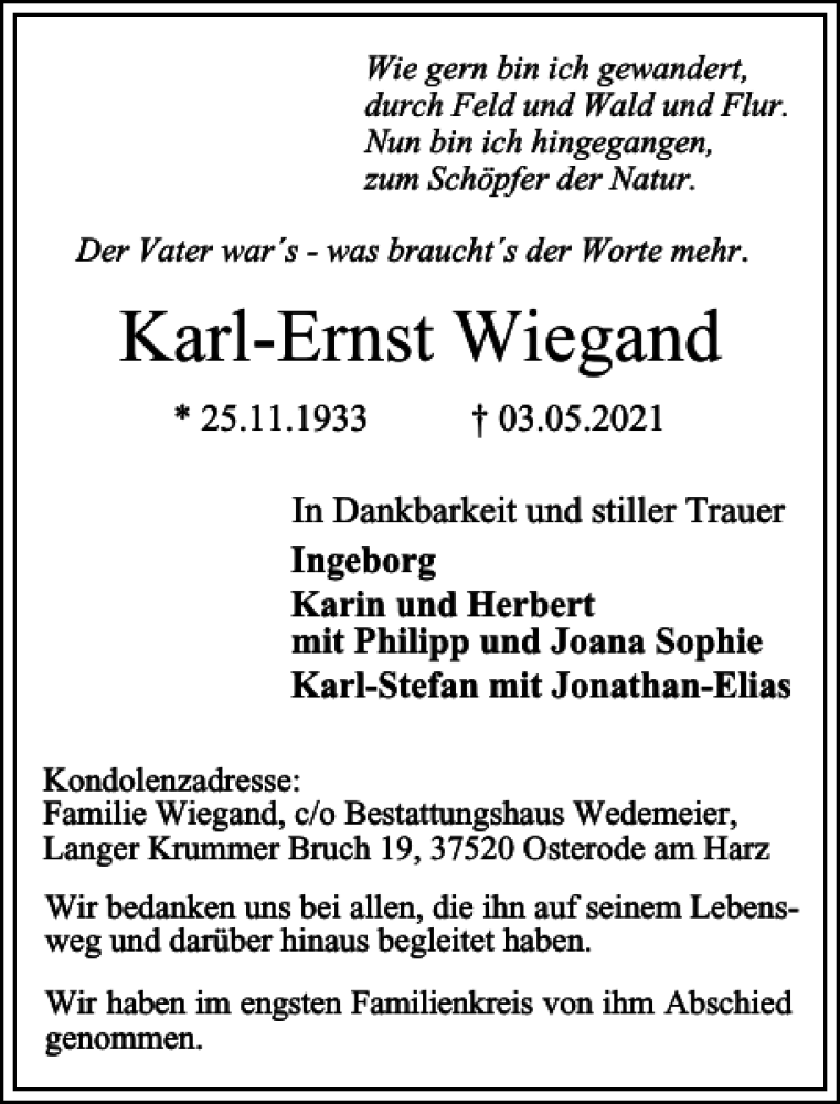 Traueranzeige für Karl-Ernst Wiegand vom 22.05.2021 aus Harz Kurier