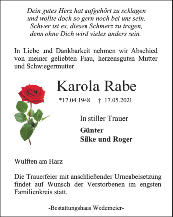 Traueranzeige von Karola Rabe von Harz Kurier