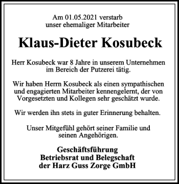 Traueranzeige von Klaus-Dieter Kosubeck von Harz Kurier