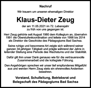 Traueranzeige von Klaus-Dieter Zeug von Harz Kurier