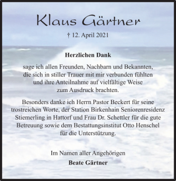 Traueranzeige von Klaus Gärtner von Harz Kurier