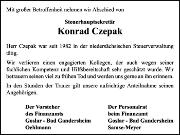Traueranzeige von Konrad Czepak von Harz Kurier