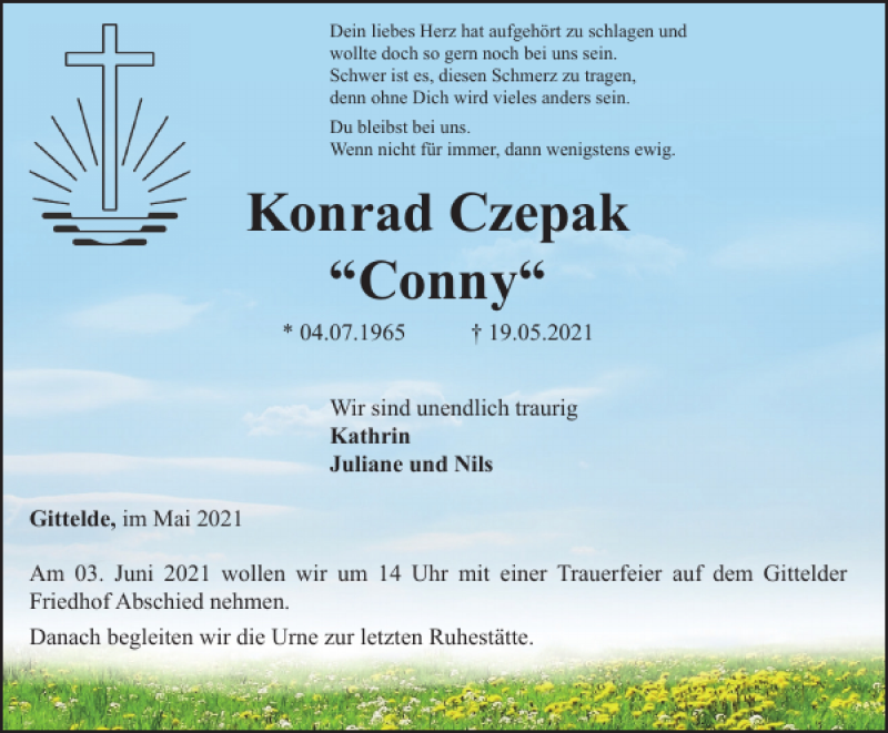  Traueranzeige für Konrad Czepak Conny vom 29.05.2021 aus Harz Kurier