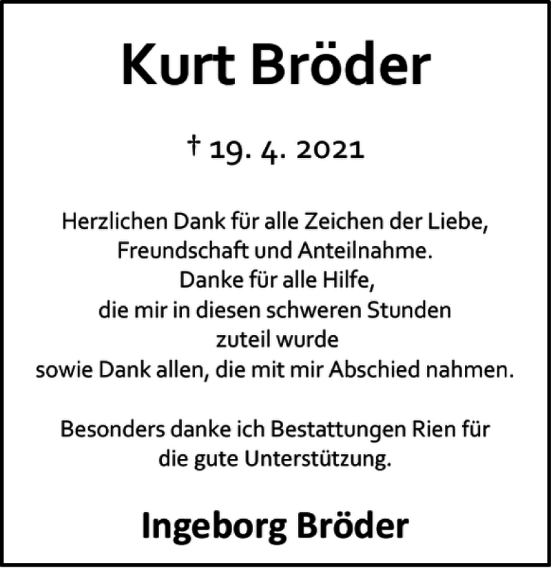  Traueranzeige für Kurt Bröder vom 22.05.2021 aus Harz Kurier