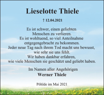 Traueranzeige von Lieselotte Thiele von Harz Kurier