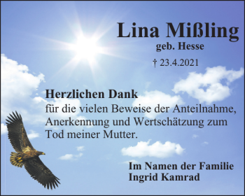Traueranzeige von Lina Mißling von Harz Kurier