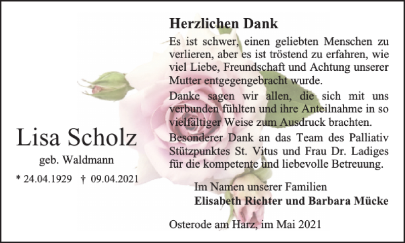  Traueranzeige für Lisa Scholz vom 08.05.2021 aus Harz Kurier