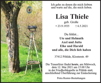 Traueranzeige von Lisa Thiele von Harz Kurier