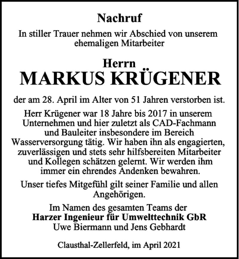  Traueranzeige für MARKUS KRÜGENER vom 12.05.2021 aus Harz Kurier