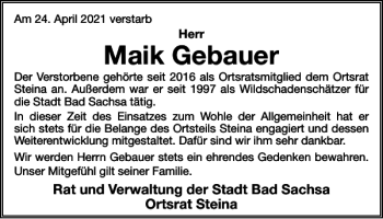 Traueranzeige von Maik Gebauer von Harz Kurier
