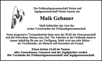 Traueranzeige von Maik Gebauer von Harz Kurier